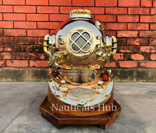Nautical marine Scuba Boston U.S navy mark V diving divers helmet with wood base