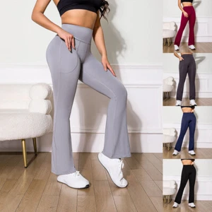 Womens High Waist Pockets Flare Pants Leggings Slim Fit Gym Yoga Sport Trousers - Picture 1 of 30