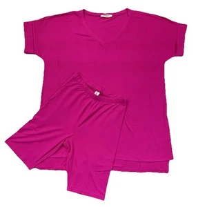 Zenana Biker Short Set S Oversized Brushed V-Neck Short Sleeve Hi-Low Hem Pink - Picture 1 of 16