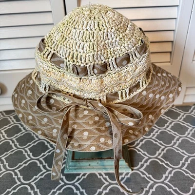 Sombrero de paja tostado para mujer Preppy cinta de lunares viaje cottagecore pradera floppy  Foto 1 de 4