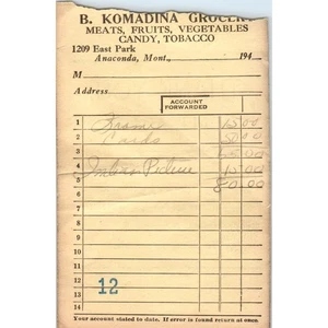 Cabezal de cartel de B. Komadina Grocers de 1940 recibo Anaconda Montana AE8 - Imagen 1 de 2
