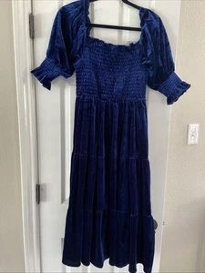 R.Vioimos Abito Midi Blu Velluto Boho Contadino Romantico Rinascimento S 4-6 Nuovo con etichette - Foto 1 di 8