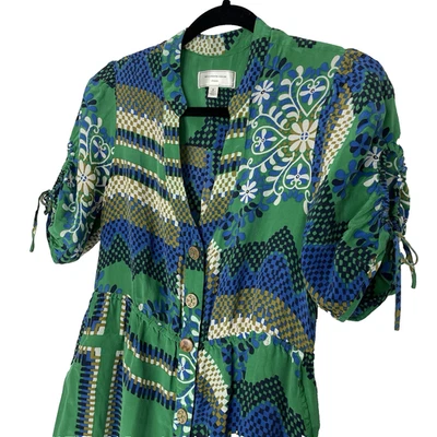 Vestido de seda Moulinette Soeurs Anthropologie talla 6 verde selva tropical botón delantero Foto 1 de 4