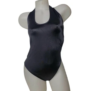 Traje de baño negro de una pieza para mujer talla 14 halter sin espalda hecho en EE. UU. nailon spandex - Imagen 1 de 6