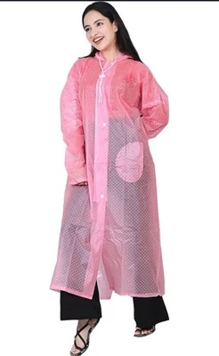 Women Polka Dot Pink Raincoat Hooded Waterproof Jacket L Size Lightweight 2pcs - Image 1 of 4
