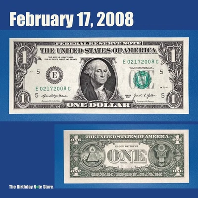 February 17, 2008 Birthday Anniversary $1 One Dollar Bill Serial Number 02172008 - Image 1 of 2