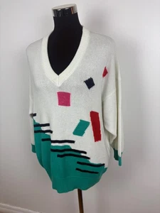 Vintage 1980s Yarell Graphic Geometric Print V Neck Oversized Jumper Sweater - Picture 1 of 7
