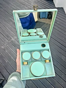 VINTAGE 50'S SIRRAM ENAMEL VANITY BEAUTY BOX DRESSING TABLE POTS SET TRAVEL CASE - Picture 1 of 21