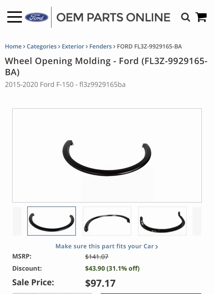 Moldura de apertura de rueda - Ford (FL3Z-9929165-BA) 2015-2020 Ford F-150 Foto 1 de 1
