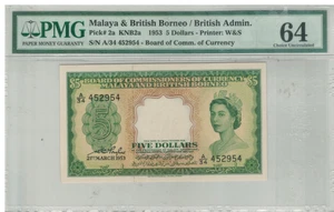 5 Dollar Malaya 1953 QE A/34 452954 PMG64 UNC - Picture 1 of 2