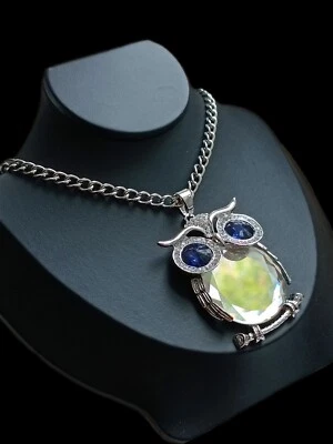Lange Kette Anhänger Eule  Blaue Augen silberfarben XXL Modeschmuck  - Bild 1 von 4
