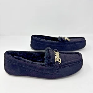 Juicy Couture Soft Moccasin Slippers 7 Black Logo Faux Fur Bling Crystals Flat - Picture 1 of 13