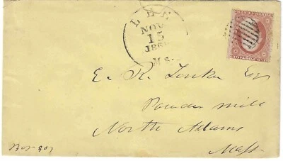 US Sc# 25, T 1, Perf.15, rojo opaco 3ct Washington en portada DPO, cuadrícula elegante cancelar Foto 1 de 3