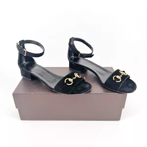Gucci Horsebit Flat Sandals EU 38 US 8 Black Suede Low Block Heel Ankle Strap - Picture 1 of 14