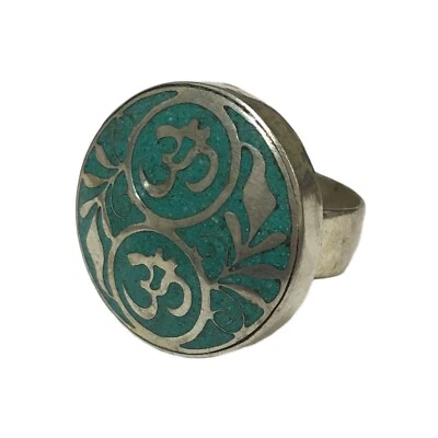 Anillo Vintage Yoga Tibetano Turquesa Tono Plata Metal Diseño Om/Ohm Foto 1 de 4