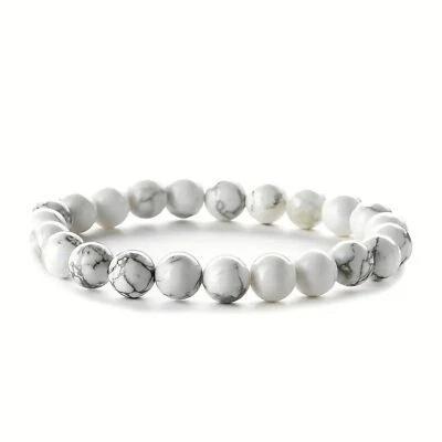 Unisex Howlite White & Gray Veining 8mm Stone Bead Stretch Bracelet NEW - Image 1 of 2