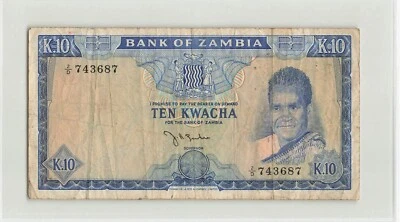 ZAMBIA 10 Kwacha 1968, P-7, 2/D 743687, Circulated.  "K.10" Scarce.  A2 - Image 1 of 2