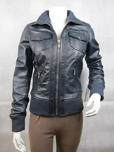 Damen blau Napa Leder Reißverschluss schmal eng anliegend kurz Biker Mode Jacke Fahrrad - Bild 1 von 12
