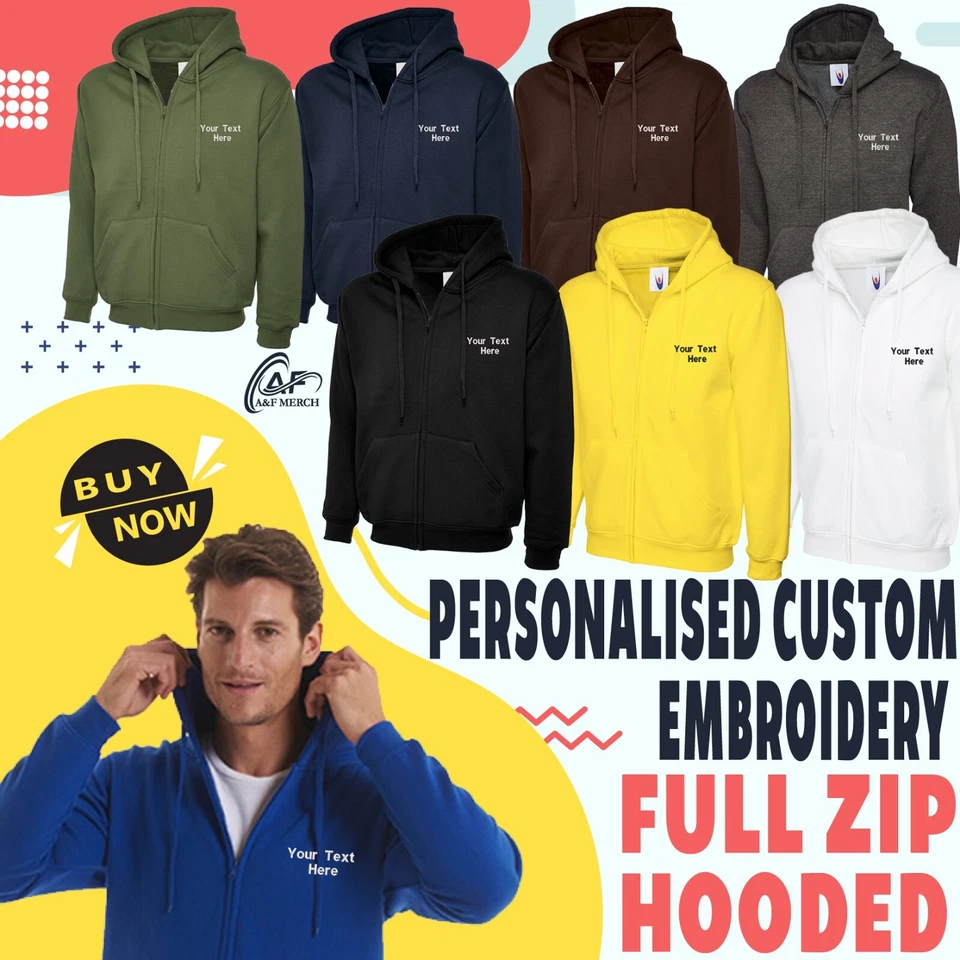 Personalised Custom Embroidered Full Zip Up Hoodie  text logo unisex workwear - Image 1 of 4