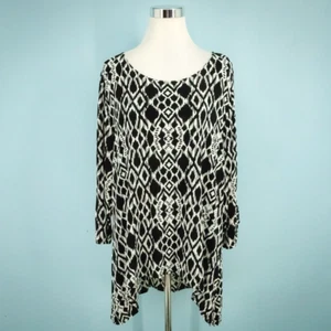 Top túnica Chico's 3 talla XL Traveler's negro blanco estampado corbata manga larga - Imagen 1 de 8