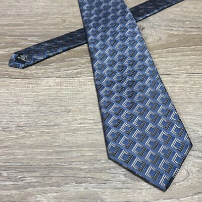 Corbata Paul Dione Hecha a Mano Lujo 100% Seda Azul Negro Plata Cuadrados Foto 1 de 4