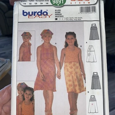 BURDA 9891 GIRLS RUFFLED RAISED WAIST HALTER DRESS PATTERN SIZE 6 7 8 9 10 - Image 1 of 2