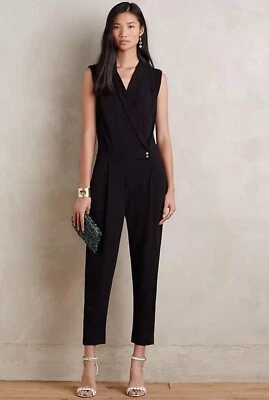 Anthropologie Elevenses 14 Black Chanteuse Jumpsuit Gold Button Sleeveless Wrap - Image 1 of 4