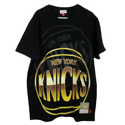 New York Knicks Mitchell & Ness NBA Large Thick Tee Shirt Gold Logo Black New - Image 1 of 4