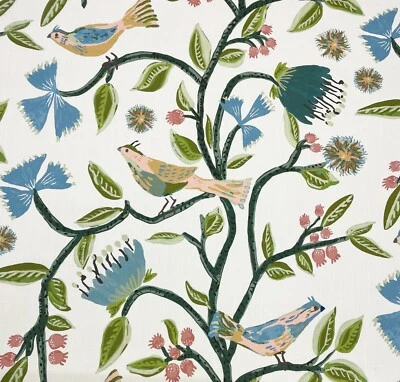 BALLARD DESIGNS LYLE GREEN BLUE LUSH LEAVES VINE SONGBIRDS FABRIC BY YARD 54"W - Image 1 of 4