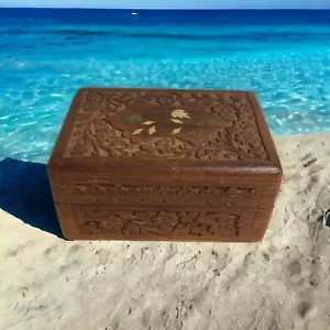 Vintage Hand Carved Wooden Trinket Box With Inlay Florals And Hinged Lid - Picture 1 of 12