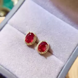 2.5CT Natural Ruby Earrings 925 Sterling Silver, Burma Ruby Stud Earrings 6x8mm - Picture 1 of 5