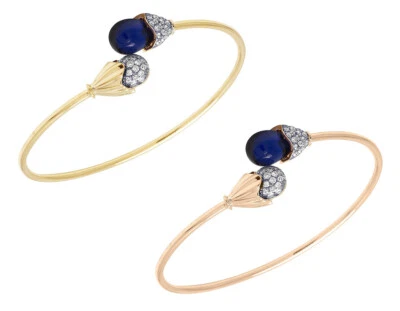 Pave' Set 1 CT Real Diamonds with Blue Onyx Flex Bangle Bracelet Gold     2MM... - Image 1 of 4