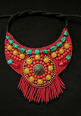 TIBETAN Beaded Bib collar necklace, turquoise coral, boho, gypsy, tribal, ethnic - Image 1 of 4