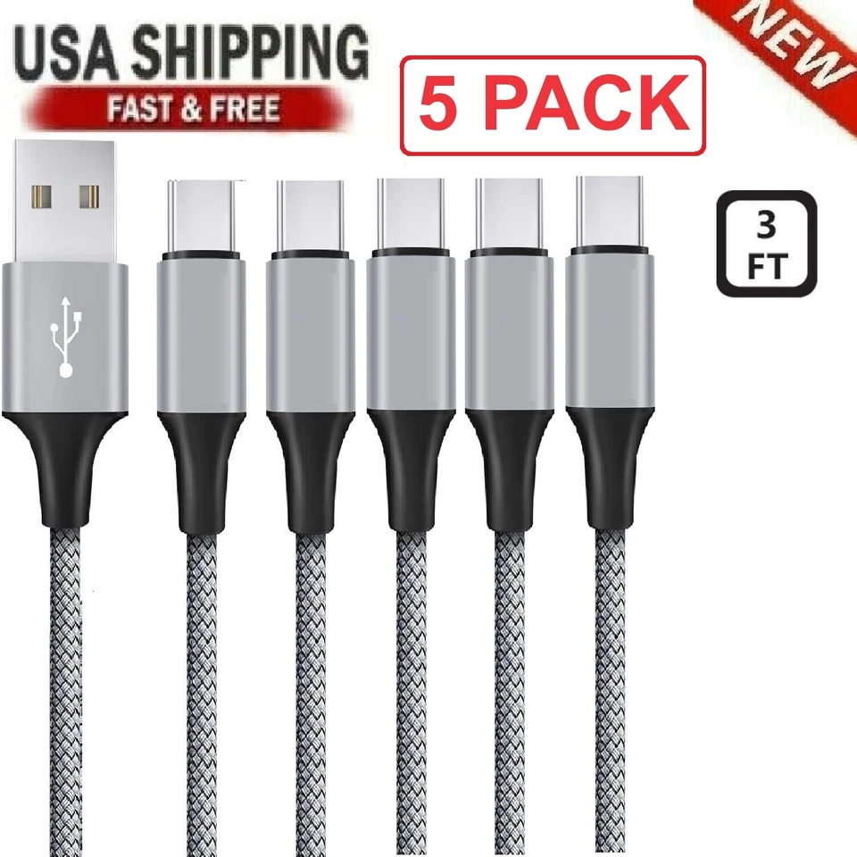 5-Pack Braided USB C Type-C Fast Charging Data SYNC Charger Cable Cord 3/6/10FT - Image 1 of 4