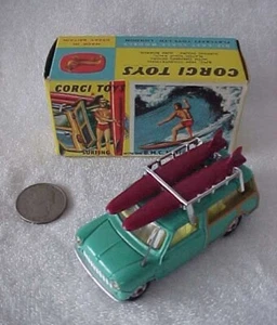 VINTAGE CORGI TOYS 485 AUSTIN MINI COUNTRYMAN CAR SURF-BOARDS ORG. BOX NO SURFER - Picture 1 of 23