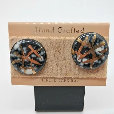 Vintage Pierced Earrings Black Gold White Asian Round Resin - Image 1 of 3