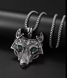 Viking Fenrir Wolf Head Necklace Pendant Green Eyes Norse Celtic  - Picture 1 of 6