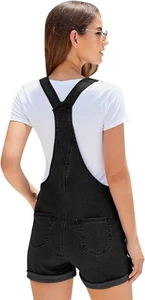 Women's Classic Adjustable Straps Cuffed Hem Denim Bib Overalls Shorts - Picture 1 of 5
