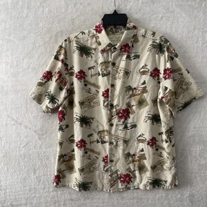Island Republic Men Button Shirt Beige Medium Floral Christmas Silk Short Sleeve - Picture 1 of 7