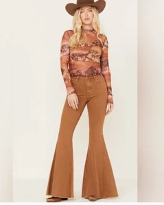 Shyanne Jeans Womens 32W x 34L Brown Super Flare Bell Bottom Stretch Western - Picture 1 of 15