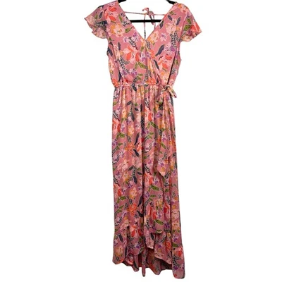 Band of Gypsies, Size Small, Pink Floral Faux Wrap Maxi Dress, Flutter Sleeve - Image 1 of 4