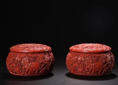 Par de lacas de madeira vermelha 5,5 pol. Old Dynasty dragão kylin besta pote de crock - Imagem 1 de 4