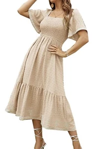 Women's Shirred Ruffle Short Sleeve Maxi Square Neck Swiss Dot Dress - Picture 1 of 7