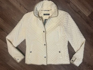 Lauren Ralph Lauren Women Snap Button Leather Trim Quilted Jacket S-P $260 Ivory - Picture 1 of 7