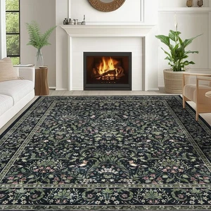 Green Rugs for Living Room 5x7 Floral Washable Stain Resistant Non Slip Low P... - Picture 1 of 8