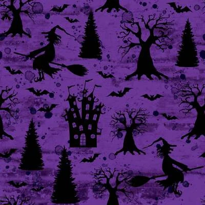 MARSHALL DRY GOODS Halloween Witches Bats and Houses on Purple 100% Cotton Fabric