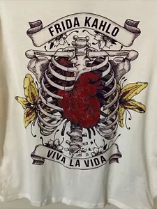 Frida Kahlo Viva La Vida SZ M Ivory T Shirt Top Floral Ribs Red Heart New NWT - Picture 1 of 7