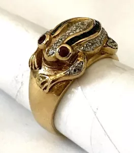 Estate FROG Ring 2.10 Ct Lab Created Sapphires Ruby Eyes 14k Yellow Gold Finish - Picture 1 of 5