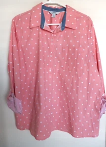 CROFT & BARROW BUTTON DOWN SHIRT CORAL HEART PRINTS LONG SLEEVE SZ XXL NWOT - Picture 1 of 3