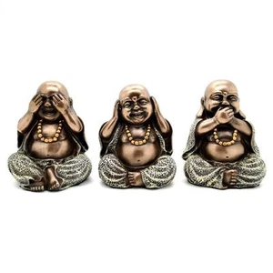 3er SET SEHEN HÖREN SPRECHEN NICHT BÖSE GLÜCKLICHE BUDDHA STATUEN 4" Bronze Harz Glück Zen - Bild 1 von 5